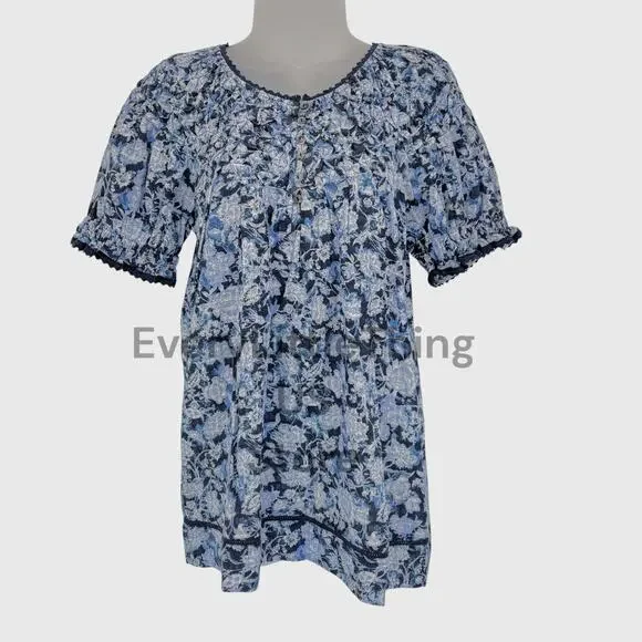 NWOT Sundance Blouse Top XS Blue Floral Smocked Puff Sleeve Lace Henley Tropical - Picture 1 of 6